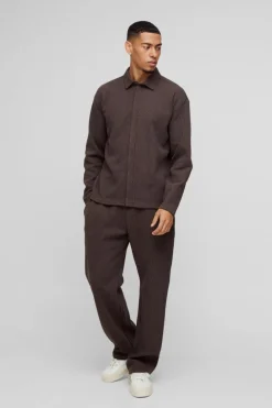 Outlet boohooMAN Oversized Two-tone Zip Ribbed Jersey Shirt & Straight Jogger Set coffee