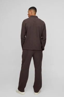 Outlet boohooMAN Oversized Two-tone Zip Ribbed Jersey Shirt & Straight Jogger Set coffee