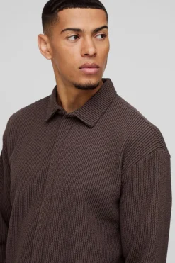 Outlet boohooMAN Oversized Two-tone Zip Ribbed Jersey Shirt & Straight Jogger Set coffee