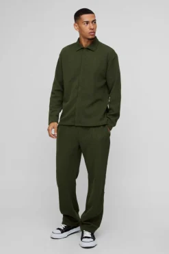 Hot boohooMAN Oversized Two-tone Zip Ribbed Jersey Shirt & Straight Jogger Set khaki