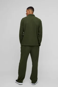 Hot boohooMAN Oversized Two-tone Zip Ribbed Jersey Shirt & Straight Jogger Set khaki