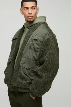 Sale boohooMAN Oversized Utility Borg And Nylon Bomber Jacket In khaki