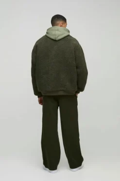 Sale boohooMAN Oversized Utility Borg And Nylon Bomber Jacket In khaki