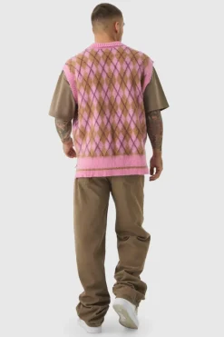 Hot boohooMAN Oversized V Neck Argyle Fluffy Knit Vest light pink