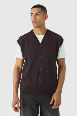 New boohooMAN Oversized V Neck Button Through Knitted Vest chocolate