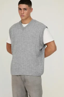Discount boohooMAN Oversized V Neck Cable Knitted Vest light grey
