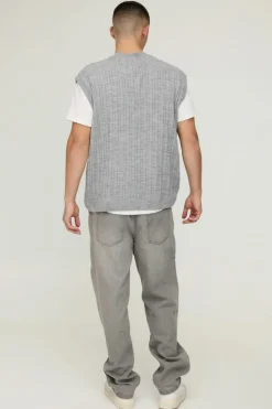 Discount boohooMAN Oversized V Neck Cable Knitted Vest light grey