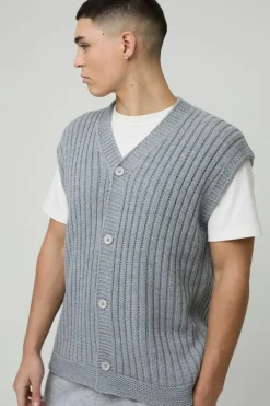 Flash Sale boohooMAN Oversized V Neck Knitted Vest grey