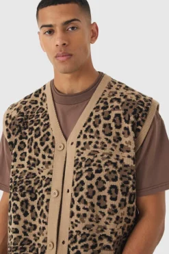 Best boohooMAN Oversized V Neck Leopard Button Through Knitted Vest brown