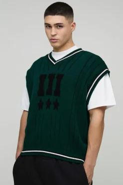 Store boohooMAN Oversized V Neck Varsity Stripe Knitted Vest forest