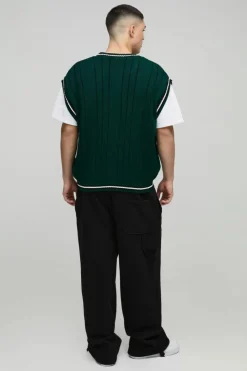 Store boohooMAN Oversized V Neck Varsity Stripe Knitted Vest forest