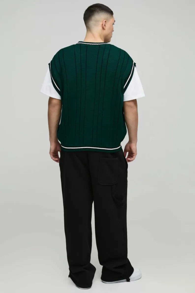 Store boohooMAN Oversized V Neck Varsity Stripe Knitted Vest forest