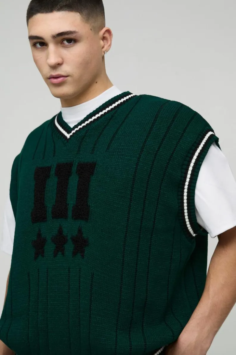 Store boohooMAN Oversized V Neck Varsity Stripe Knitted Vest forest