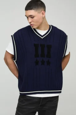 Flash Sale boohooMAN Oversized V Neck Varsity Stripe Knitted Vest navy