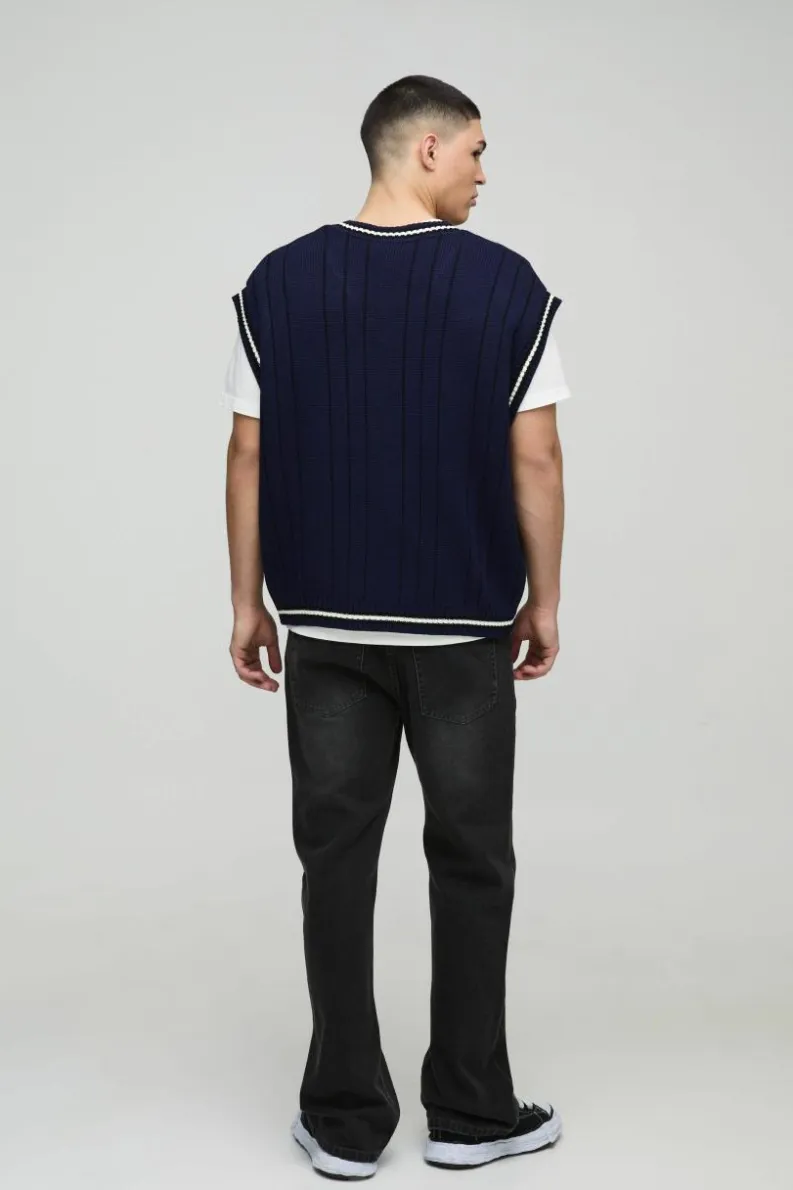 Flash Sale boohooMAN Oversized V Neck Varsity Stripe Knitted Vest navy