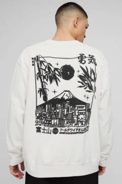 Clearance boohooMAN Oversized Volcano Graphic Washed Sweatshirt ecru