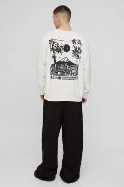 Clearance boohooMAN Oversized Volcano Graphic Washed Sweatshirt ecru