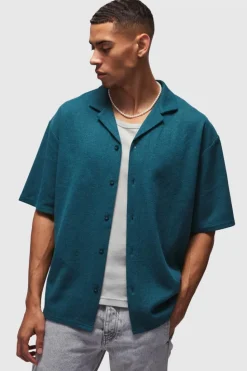 Sale boohooMAN Oversized Waffle Back Printed Shirt dark green