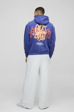 Store boohooMAN Oversized Washed Branded Graffiti Graphic Hoodie dark blue