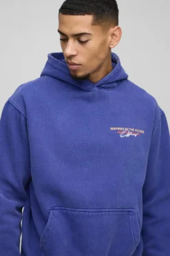 Store boohooMAN Oversized Washed Branded Graffiti Graphic Hoodie dark blue