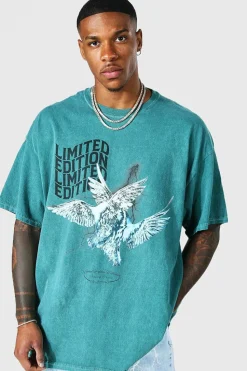 Clearance boohooMAN Oversized Washed Dove Graphic T-Shirt green