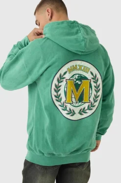 Discount boohooMAN Oversized Washed Emblem Print Zip Through Hoodie dark green