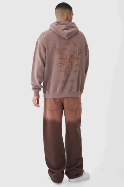 Online boohooMAN Oversized Washed Floral Line Drawing Graphic Hoodie mocha