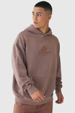 Online boohooMAN Oversized Washed Floral Line Drawing Graphic Hoodie mocha