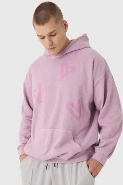 Outlet boohooMAN Oversized Washed Graffiti Heart Hoodie pink