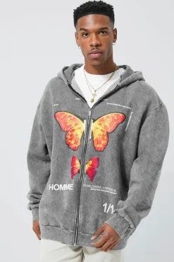 Store boohooMAN Oversized Washed Graphic Zip Through Hoodie charcoal