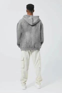 Store boohooMAN Oversized Washed Graphic Zip Through Hoodie charcoal