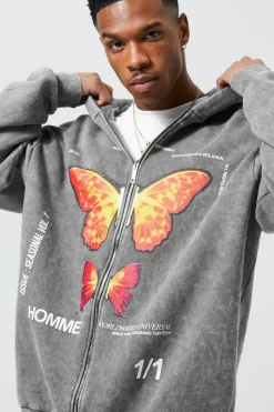 Store boohooMAN Oversized Washed Graphic Zip Through Hoodie charcoal