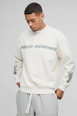 Cheap boohooMAN Oversized Washed Homme Renaissance Graphic Sweatshirt ecru