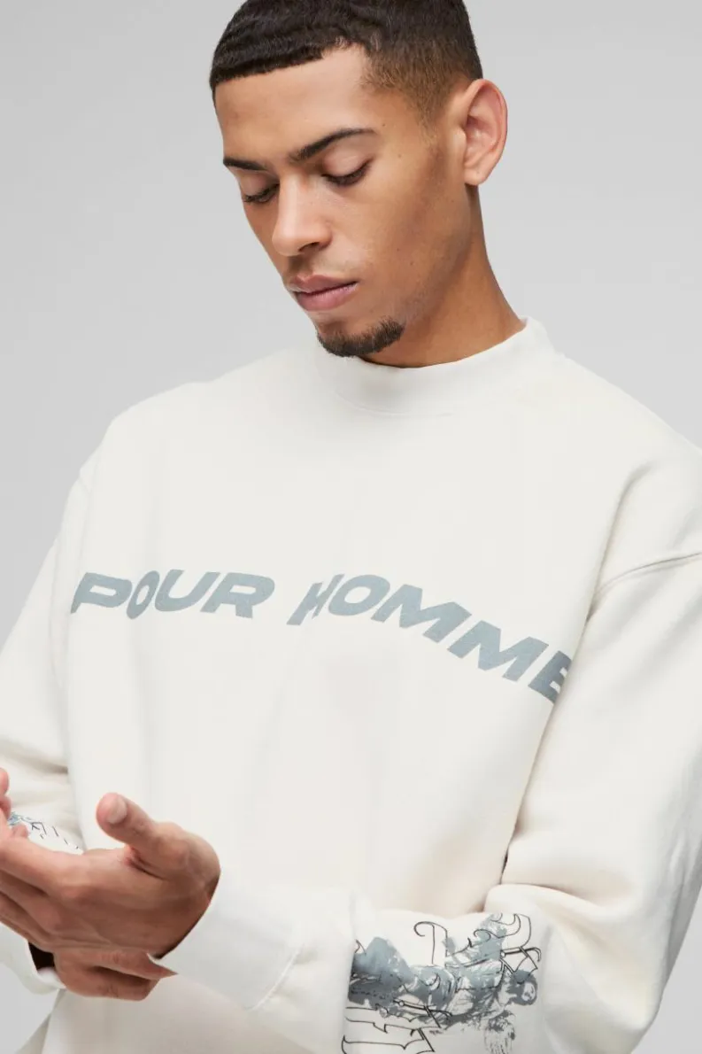 Cheap boohooMAN Oversized Washed Homme Renaissance Graphic Sweatshirt ecru