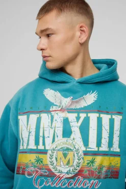 Best boohooMAN Oversized Washed MMXII Print Hoodie teal