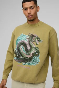 New boohooMAN Oversized Washed Official Dragon Graphic Sweatshirt khaki