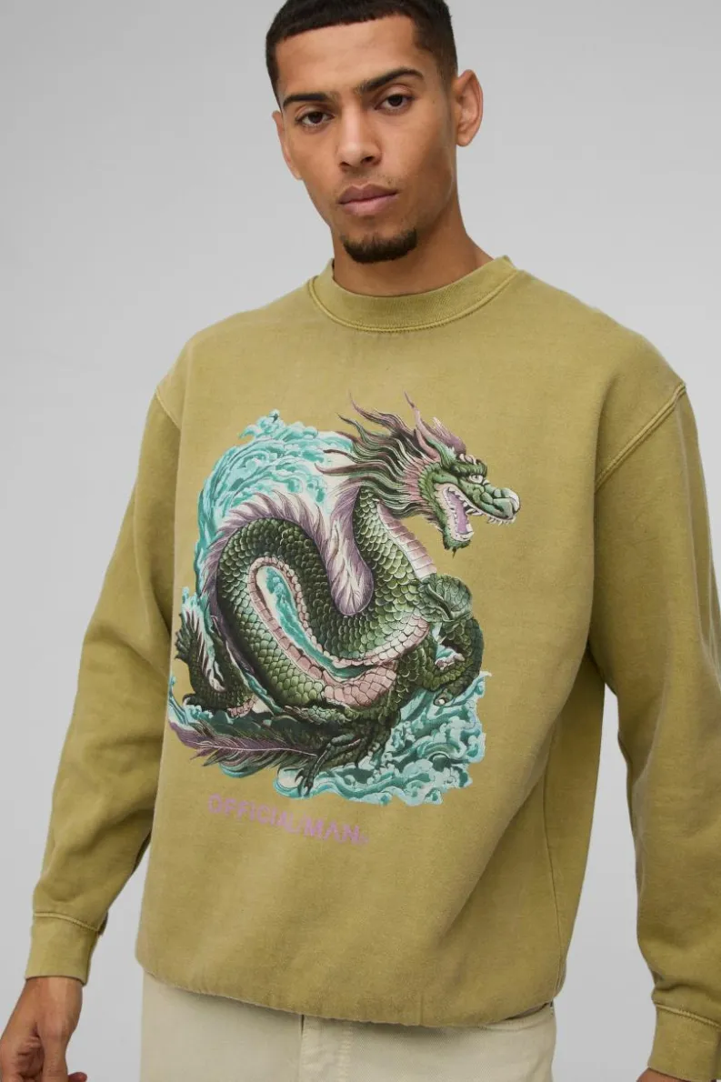 New boohooMAN Oversized Washed Official Dragon Graphic Sweatshirt khaki