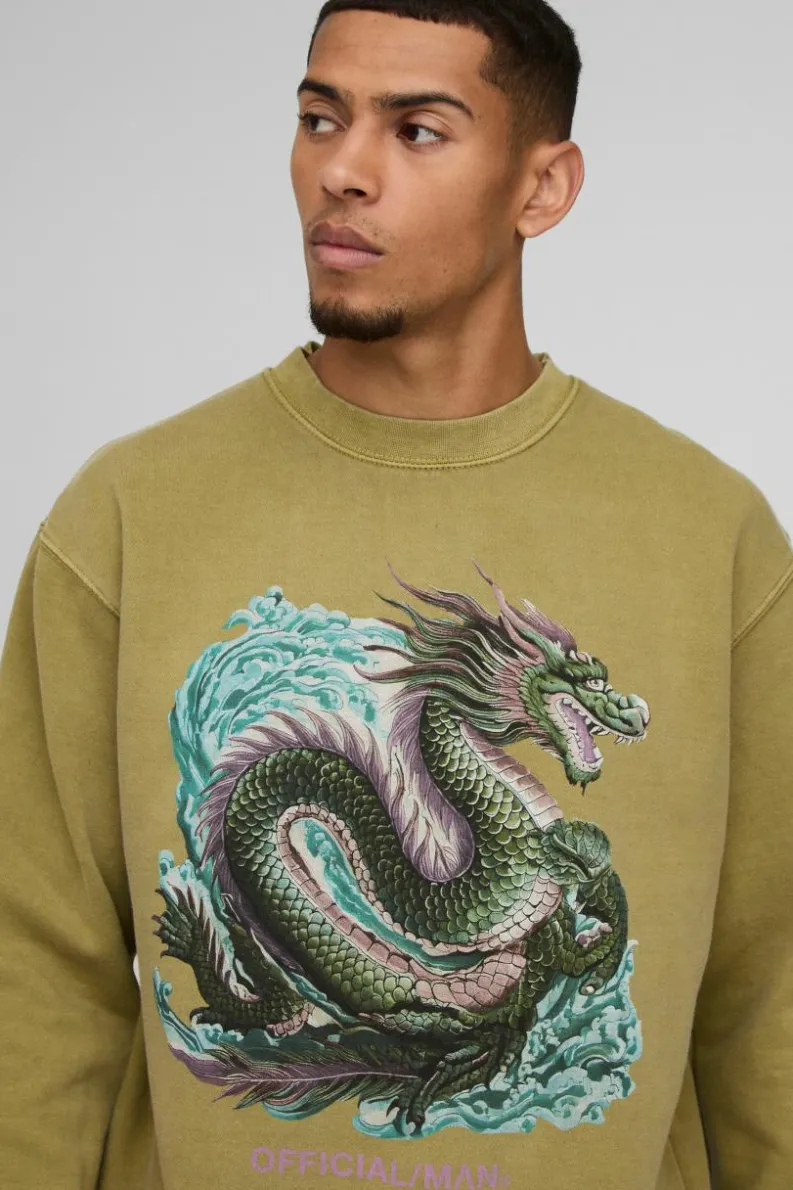 New boohooMAN Oversized Washed Official Dragon Graphic Sweatshirt khaki