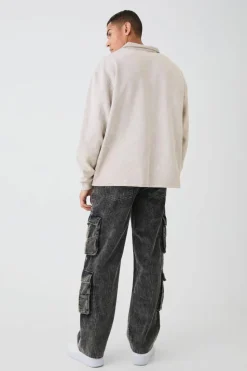 Cheap boohooMAN Oversized Washed Revere Rugby Sweatshirt Polo stone