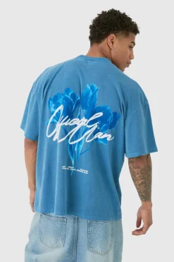 Clearance boohooMAN Oversized Washed Tonal Floral Print T-shirt blue