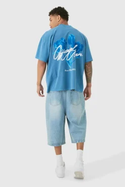 Clearance boohooMAN Oversized Washed Tonal Floral Print T-shirt blue