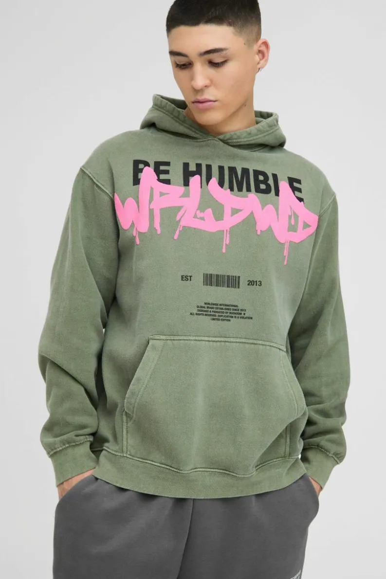 Sale boohooMAN Oversized Washed WRLDWD Graffiti Graphic Hoodie khaki