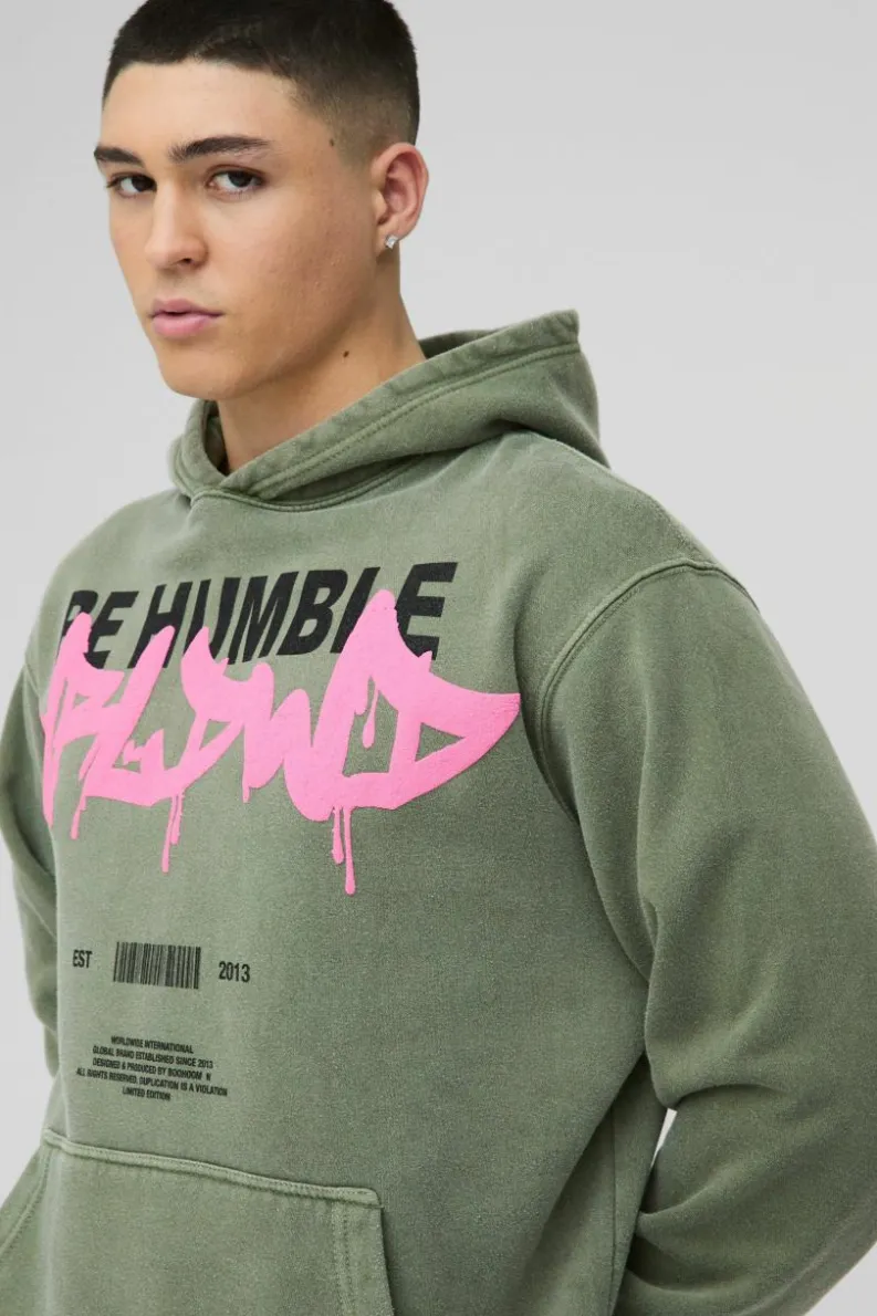 Sale boohooMAN Oversized Washed WRLDWD Graffiti Graphic Hoodie khaki