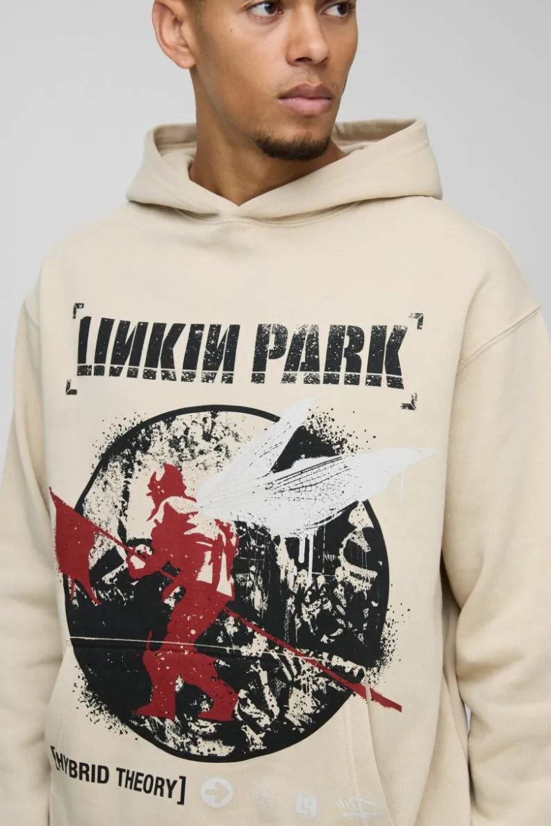 Best boohooMAN Oversized Wash Linkin Park License Print Hoodie ecru