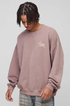 Online boohooMAN Oversized Wash M Star Branded Printed Sweatshirt chocolate