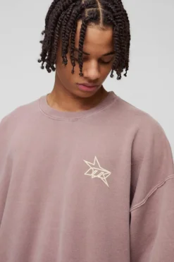 Online boohooMAN Oversized Wash M Star Branded Printed Sweatshirt chocolate