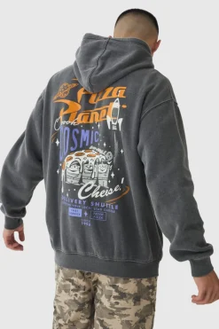 Clearance boohooMAN Oversized Wash Pixar Toy Story Pizza Planet License Hoodie charcoal