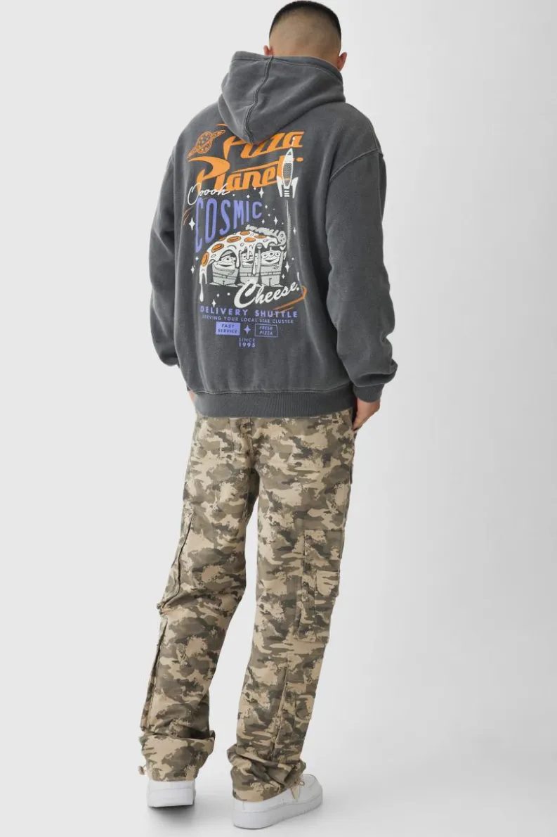 Clearance boohooMAN Oversized Wash Pixar Toy Story Pizza Planet License Hoodie charcoal