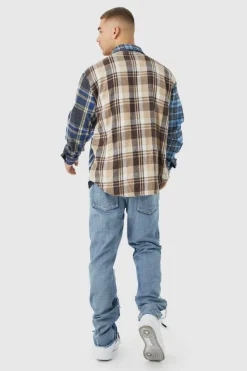 Cheap boohooMAN Oversized Waved Spliced Check Shirt blue