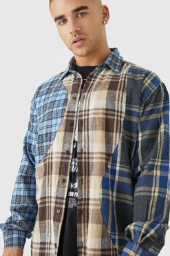 Cheap boohooMAN Oversized Waved Spliced Check Shirt blue
